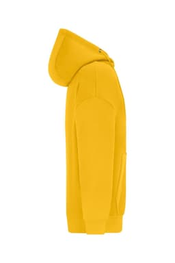 An oversized hooded jacket in vibrant yellow, featuring a side view and a pocket detail. It has a logo on it.