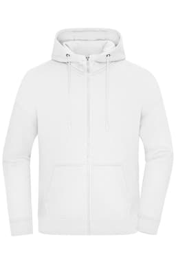 An oversized white hooded jacket with a zip and front pockets. It features a hood and a simple design.