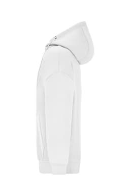 An oversized white hooded jacket featuring a side view and a front pocket. It has a logo on the design.