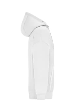 An oversized white hooded jacket with a kangaroo pocket and a drawstring hood, featuring a logo on the side.
