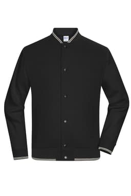 A black varsity jacket featuring a ribbed collar and cuffs, with a logo visible on the chest area.