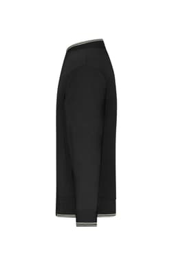 A black varsity jacket featuring a ribbed collar and cuffs, with a side profile view showcasing its sleek design.