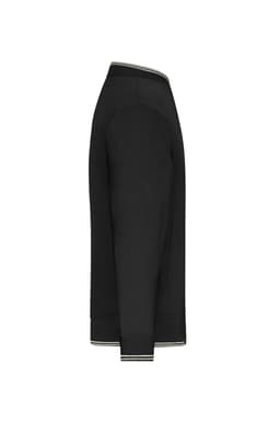 A black varsity jacket with a ribbed collar and cuffs, featuring a logo on the sleeve.