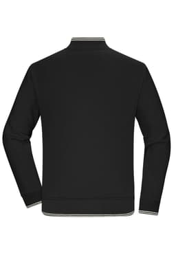 A black varsity jacket featuring a ribbed collar and cuffs, with a logo on the back.