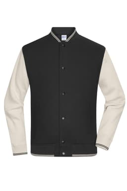 A varsity jacket featuring a black body and cream sleeves, with a ribbed collar and button closure.