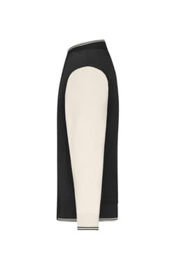A varsity jacket featuring a black body and cream-coloured sleeves, with ribbed cuffs and a logo.