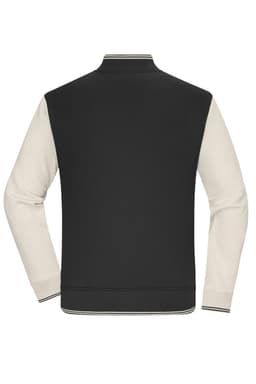 A varsity jacket featuring a black body with cream-coloured sleeves, complete with a ribbed collar and cuffs.