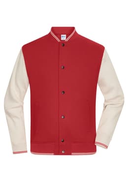 A varsity jacket featuring a red body and cream sleeves, with a ribbed collar and buttons. It has a logo on the tag.