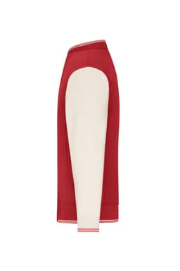 A varsity jacket featuring a red body and cream sleeves, with a ribbed collar and cuffs. It has a logo.