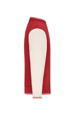 A varsity jacket featuring a red body and cream-coloured sleeves, with ribbed detailing at the collar and cuffs.