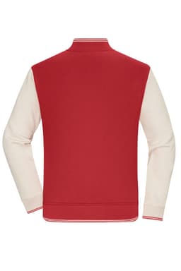 A varsity jacket featuring a red body with cream-coloured sleeves and ribbed cuffs, complete with a collar.