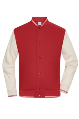 A red and cream college jacket with a ribbed collar, buttons, and side pockets. It features a logo on the label.