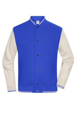 A blue varsity jacket with cream sleeves, featuring a snap button closure and a ribbed collar.