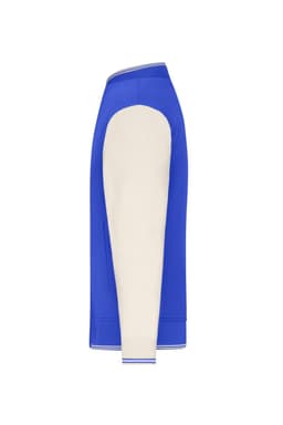 A blue and cream varsity jacket with a ribbed collar and sleeves. The jacket features a logo on one side.
