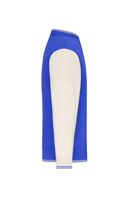 A varsity jacket featuring a blue body and cream sleeves with a ribbed collar and waistband. It has a logo on it.