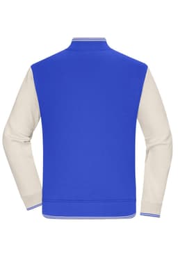 A varsity jacket featuring a blue body and cream sleeves, with a ribbed collar and cuffs. Includes a logo.