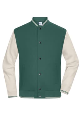 A green varsity jacket with cream sleeves and a ribbed collar, featuring a logo on the label.