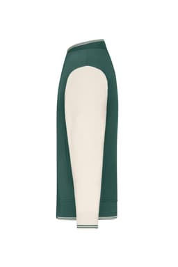 A varsity jacket in green and cream, featuring a sleek design and a logo on the front.