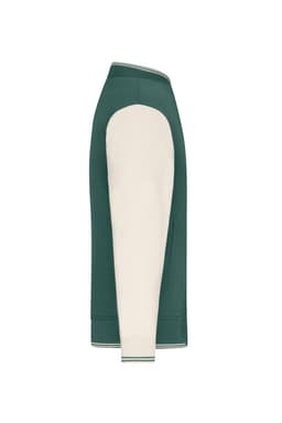 A varsity jacket featuring a green body and cream sleeves, with a logo on the chest. Available in sizes.