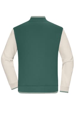 A varsity jacket featuring a green body with cream sleeves and a striped collar, complete with a logo.