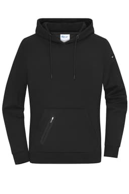 A black hooded jumper featuring a front pocket and a logo on the sleeve. Perfect for casual wear.