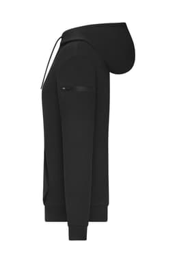 A black ladies hoodie with a zippered pocket on the sleeve and a drawstring hood. It features a sleek, modern design.