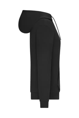 A black ladies hoodie featuring an interlock design and a hood, displayed from the side. It has a logo.