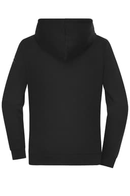 A black hoodie with an interlock design, featuring a hood and long sleeves, displayed from the back.