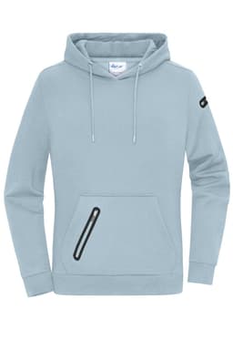 A light blue hoodie with a front pocket and a zippered detail, featuring a logo on one sleeve.