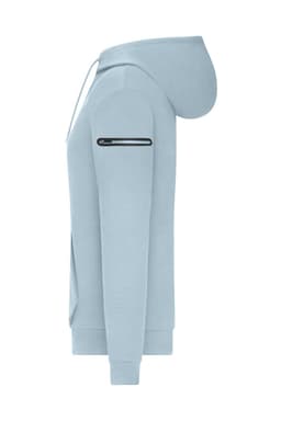 A light blue ladies' hoodie with a zip pocket on the sleeve and a hood. It features a logo.