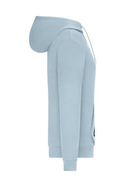 A light blue ladies hoodie with a front pocket and drawstring hood, featuring a logo on the side.