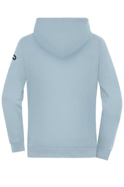 A light blue ladies hoodie with a hood and long sleeves, featuring a logo on the sleeve.