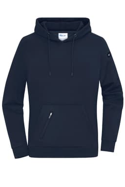 A navy hoodie with a front pocket and a small logo on the sleeve. Features a hood and drawstrings.