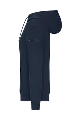 A navy ladies hoodie with a zipped pocket on the sleeve and a drawstring hood. It features a logo on the design.