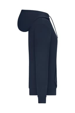 A navy blue ladies hoodie features an adjustable hood and long sleeves, with a logo on the front.
