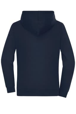 A navy ladies hoodie with a hood, featuring long sleeves and a fitted design. It has a branding logo on one sleeve.