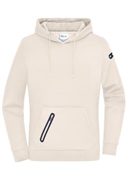 A beige ladies hoodie with a front pocket and a zip detail, featuring a logo on one sleeve.