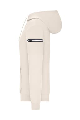 A ladies interlock hoodie in a light cream colour, featuring a side zip pocket and a hood. It also has a logo on the sleeve.