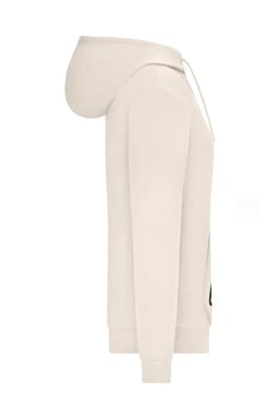A beige ladies' hoodie featuring a classic design, with a hood and side view showcasing the fit. It has a logo.