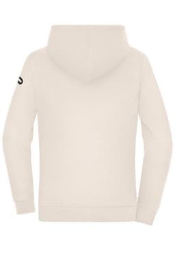 A cream-coloured ladies' hoodie featuring a hood and a logo on the sleeve.