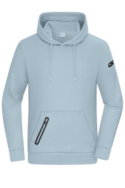 A light blue men's hoodie with a drawstring hood and a zippered pocket on the front, featuring a logo on the sleeve.