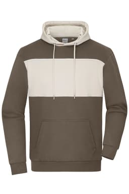 A colour-block sweat hoodie featuring a brown body and a cream-coloured panel across the chest. It has a front pocket and a hood.