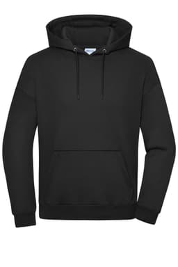A black oversized unisex sweat hoody featuring a spacious front pocket and a drawstring hood. It has a logo.