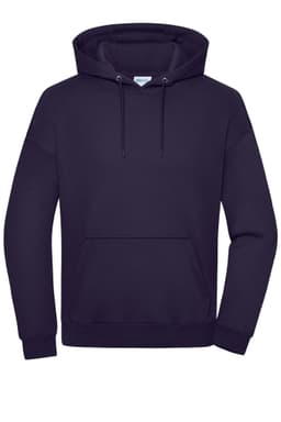 A navy oversized unisex sweat hoody featuring a front pocket and a drawstring hood. It includes a logo.