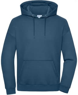 An oversized unisex hoody in a deep blue tone, featuring a front pocket and a hood. It has a logo on the label.