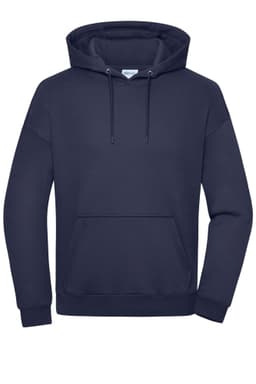 An oversized unisex sweat hoody in navy, featuring a front pocket and a drawstring hood, with a logo.