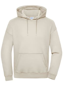 An oversized unisex hoody in a light beige colour, featuring a front pocket and drawstring hood.