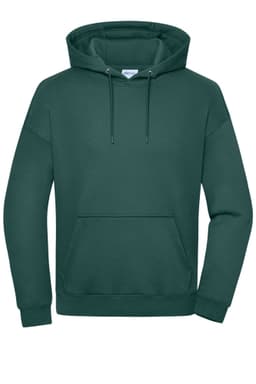 An oversized unisex hoody in deep green, featuring a front pocket and a drawstring hood. It has a logo.