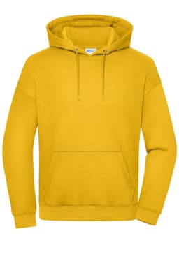 An oversized unisex hoody in bright yellow with a front pocket and drawstring hood. It has a logo on the label.