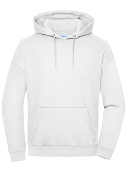 An oversized unisex sweat hoody in white, featuring a front pocket and a hood. It has a logo.